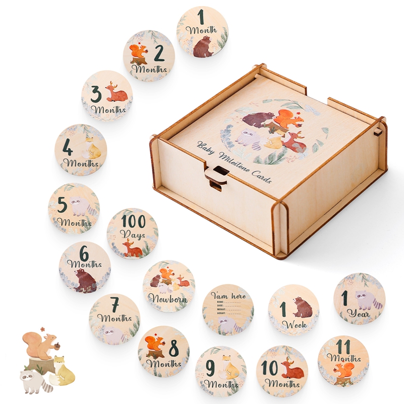Milestone Card Set - 新生児の成長マイルストーン 0-12 ヶ月木製カードボックス写真アクセサリー漫画動物の絵のお土産木製ベビーギフト