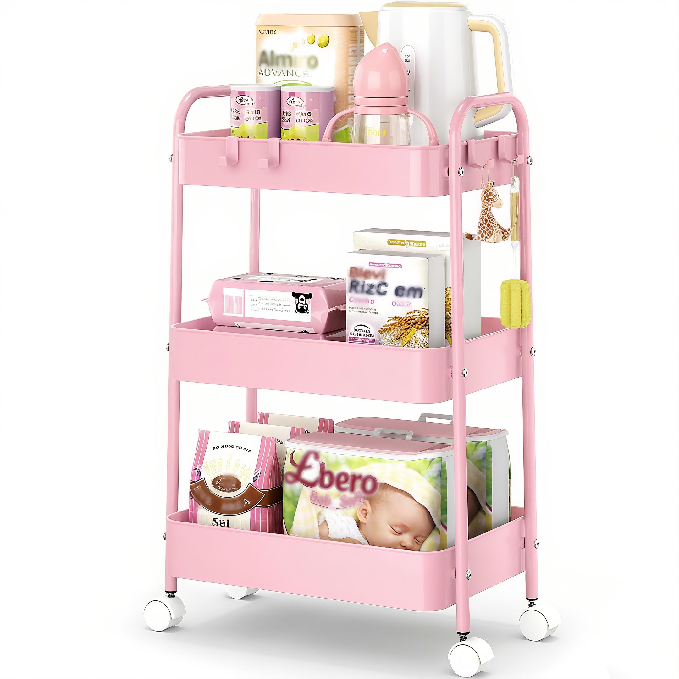 Baby Nursery Pink - 3段式メタルローリングカート（車輪付き）モダンなピンクのユーティリティ収納カートトロリーオーガナイザー、頑丈なメッシュバスケットユニット、ロック可能なキャスター付き、保育園、ベビー用品、キッチン、バスルーム、オフィス、メイクアップ、新築祝いのギフトに最適