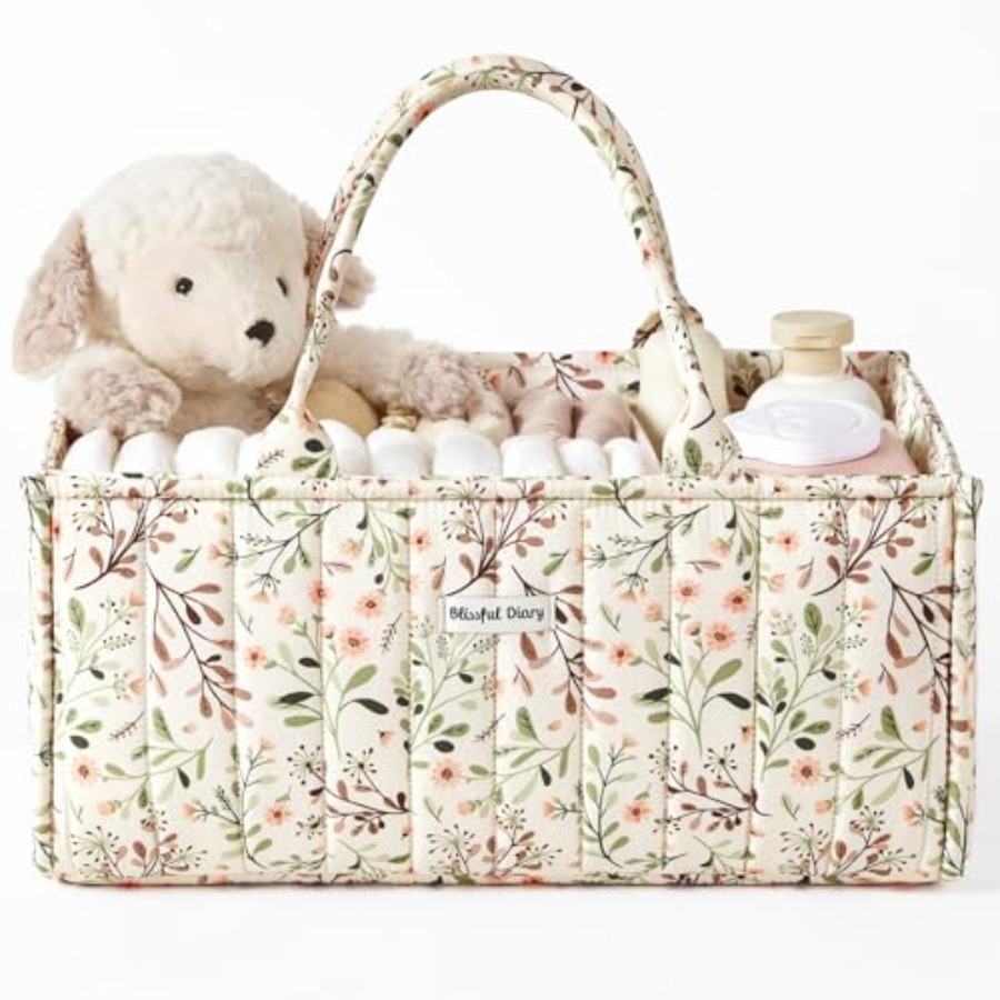 Baby Nursery Must Haves - 花柄おむつ収納オーガナイザー、スタイリッシュな保育園収納バスケット、おむつバッグ、ベビーシャワーのギフト、ベビーレジストリー必須アイテム、新生児向け