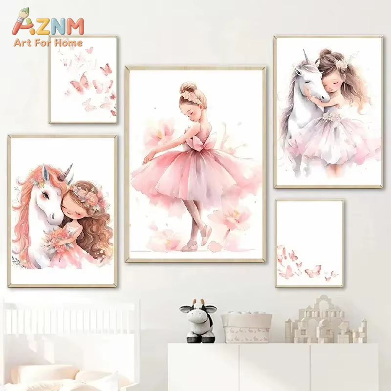 Baby Nursery Pink - 1PC、ピンクバレリーナガールユニコーン蝶ポスターキッズルーム装飾キャンバスポスター保育園壁アートポスターベビーベッドルーム装飾