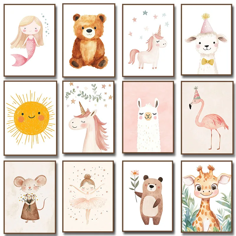 Baby Nursery Pink - ピンクのバレリーナと星、ユニコーン、かわいい人魚、赤ちゃんラマ、クマ、鹿のイラストキャンバス絵画プリントポスター、子供部屋の装飾用