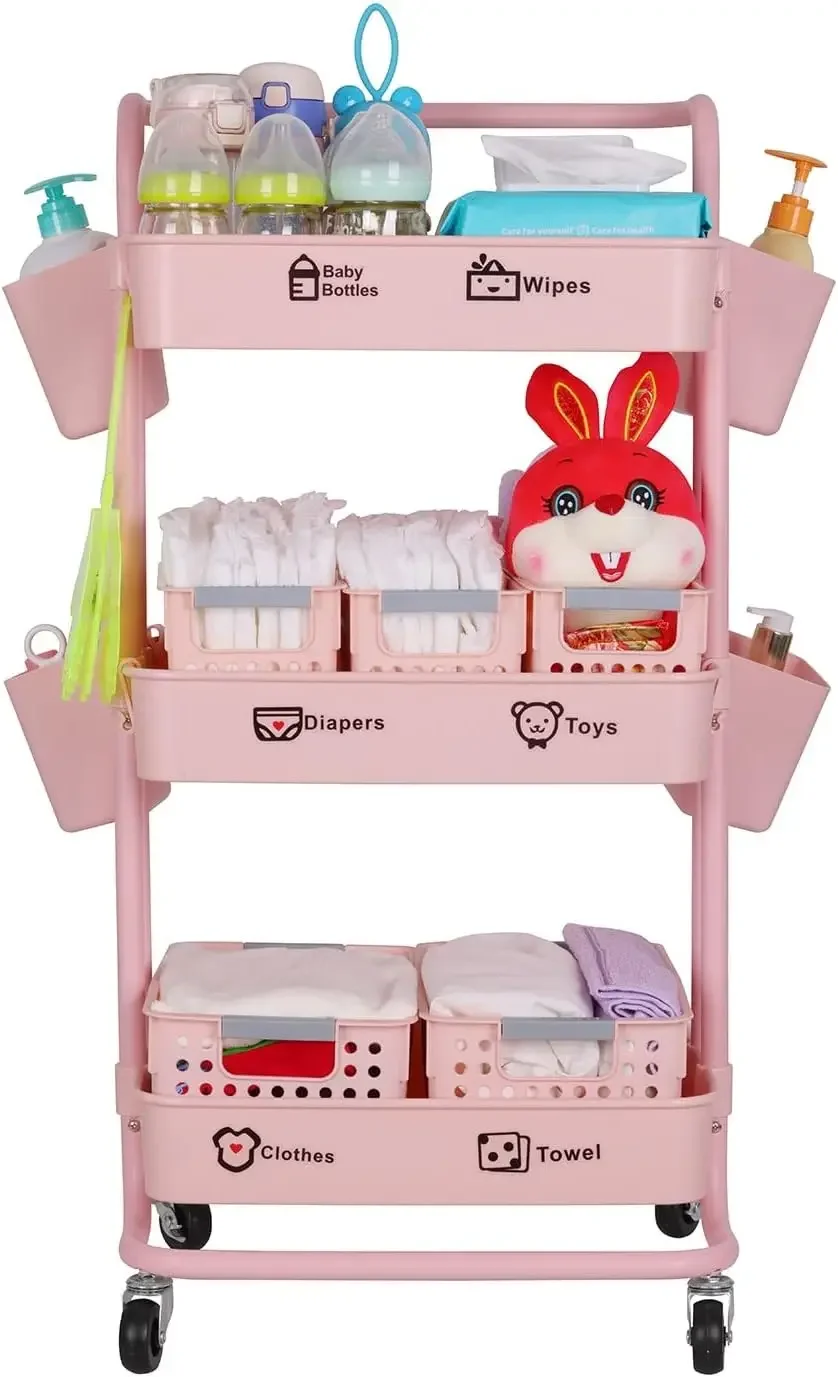 Baby Nursery Cart - # ベビーおむつキャディオーガナイザーカート可動式、3段頑丈な新生児保育園必需品収納カート、おむつ交換台用&