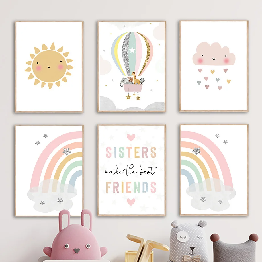 Baby Nursery Pictures - キリン象熱気球太陽虹保育園北欧ポスターやプリント壁アートキャンバス絵画画像ベビーキッズルーム装飾