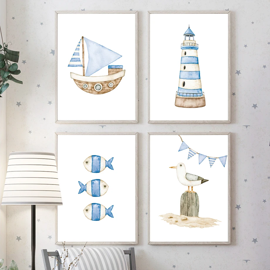 Baby Nursery Pictures - 帆船灯台魚航海保育園ポスターとプリントキャンバス絵画北欧壁アート写真ベビーキッズルームホームデコ