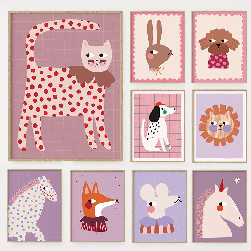 Baby Nursery Pictures - 漫画かわいい動物イラストポスター犬猫マウスライオンユニコーンキャンバス絵画壁アート子供部屋保育園家の装飾