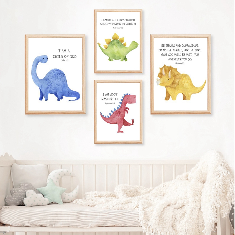 Baby Nursery Quotes Wall Art - 子供の聖書詩引用プリント恐竜水彩保育園壁アートの写真キャンバス絵画経典ポスターベビーシャワーのギフト