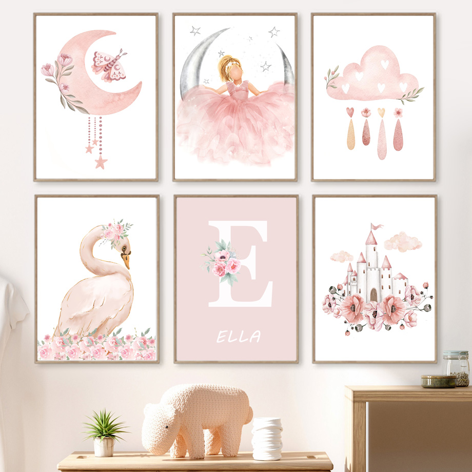 Baby Nursery Pink - ピンクの天使の女の子太陽月雲白鳥城ウォールアート保育園キャンバス絵画北欧ポスタープリント写真ベビーキッズルームデコレーション