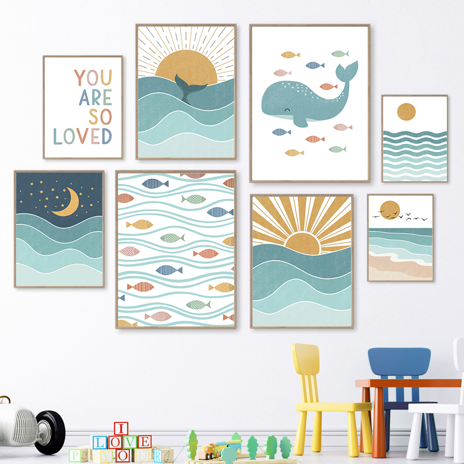 Baby Nursery Quotes Wall Art - (2D キャンバス絵画) 魚、クジラ、カモメ、日の出、日没、ビーチ、海の引用句、ウォールアート、キャンバス絵画、ポスターとプリント、ウォール P