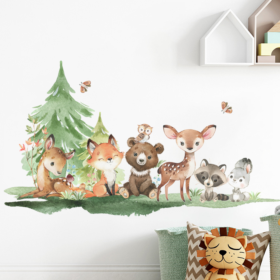 Baby Nursery Animal Theme - 森の動物テーマクマ鹿ウサギ子供用ウォールステッカーキッズルームベビールーム装飾壁紙ウォールステッカー保育園