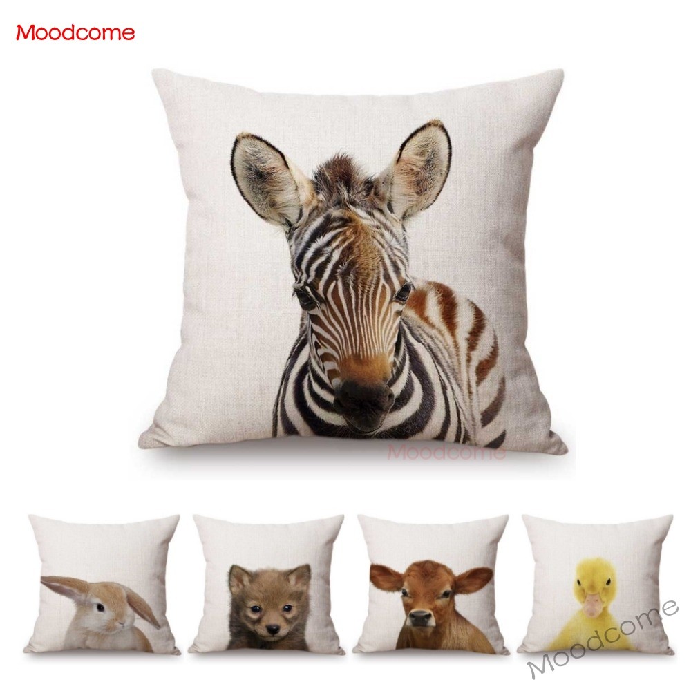 Baby Nursery Cushion - かわいい赤ちゃん設定保育園アートベビーウッドランド動物バニーゼブラアヒル家の装飾ソファスローピローケースクッションカバー子供用