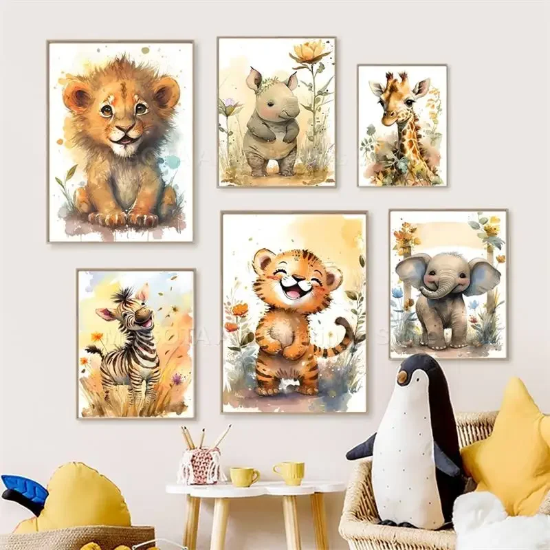 Baby Nursery Pictures - 水彩画ライオンキリン虎象ゼブラ保育園壁アートキャンバス絵画動物ポスタープリント写真ベビーキッズルームデコレーション