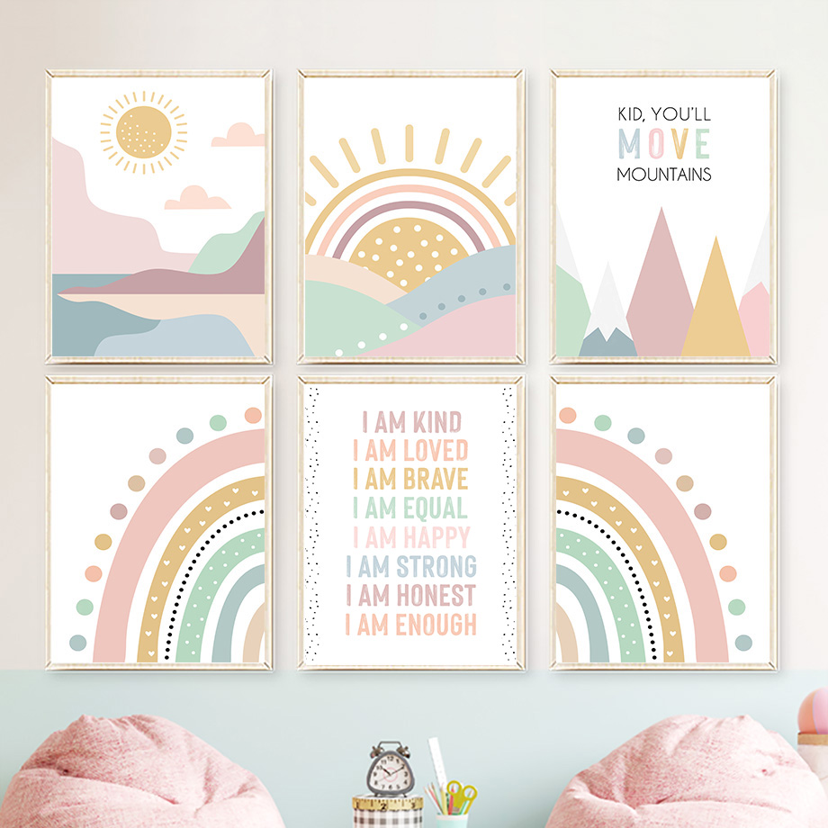 Baby Nursery Quotes Wall Art - ピンクマウンテンサンレインボー引用句、ボヘミアン保育園北欧ポスター、ウォールアートキャンバス絵画、赤ちゃんや子供部屋に最適