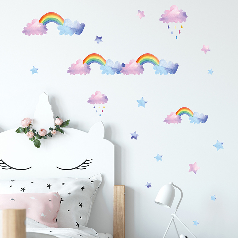 Baby Nursery Mural Wallpaper - 漫画雲虹ウォールステッカー赤ちゃん子供部屋寝室ワードローブ家の装飾壁画保育園レイアウトステッカー壁紙