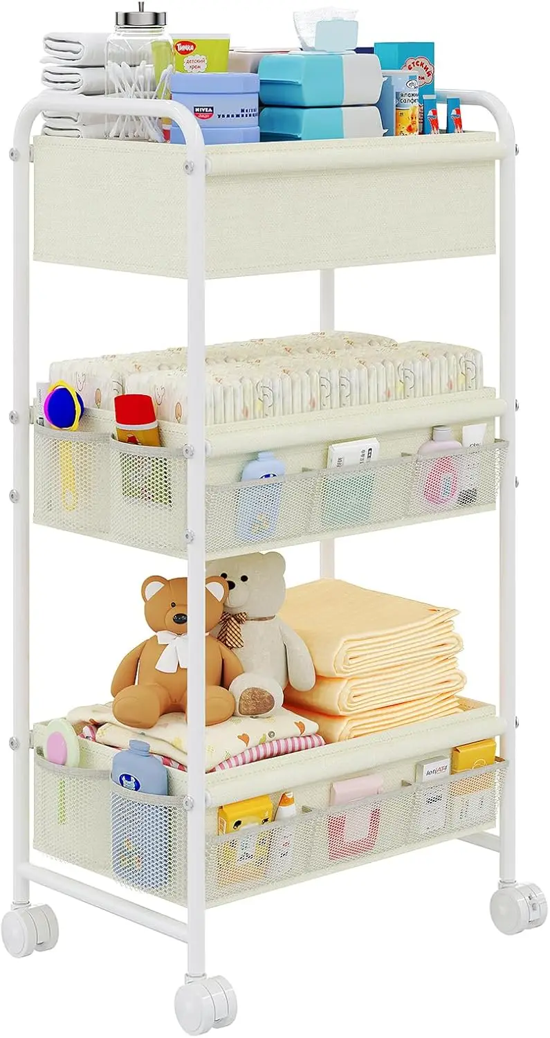 Baby Nursery Cart - 3段式ベビーおむつ収納カートオーガナイザー、ホイール付きモバイルナーサリーストレージカート、2つの仕切りと14個のメッシュポケット付き、耐久性のある金属製