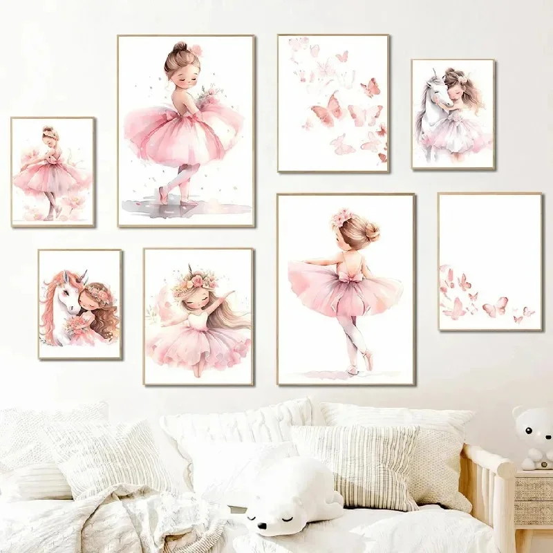 Baby Nursery Pink - 2026 ピンクバレリーナガールユニコーン蝶ポスターキッズルーム装飾キャンバスポスター保育園壁アートポスターベビーベッドルーム装飾