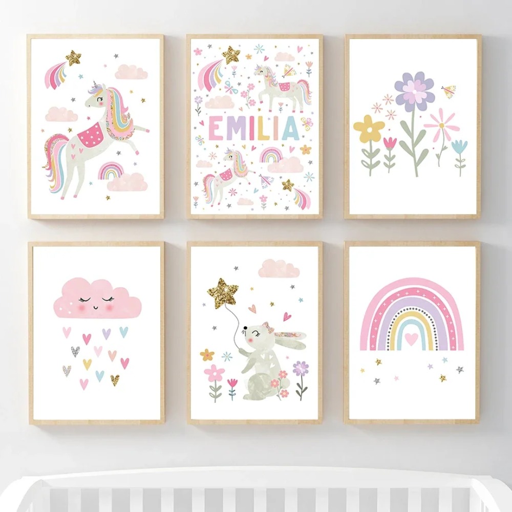 Baby Nursery Pink - ピンクのユニコーンウサギ虹雲花保育園壁アートキャンバス絵画ポスターとプリント壁の写真ベビーキッズルーム装飾