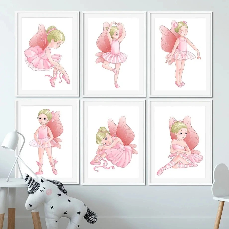 Baby Nursery Pink - ピンクのバレエ少女バレリーナ保育園壁アートキャンバス絵画北欧ポスターやプリント漫画の壁の写真ベビーキッズルーム装飾