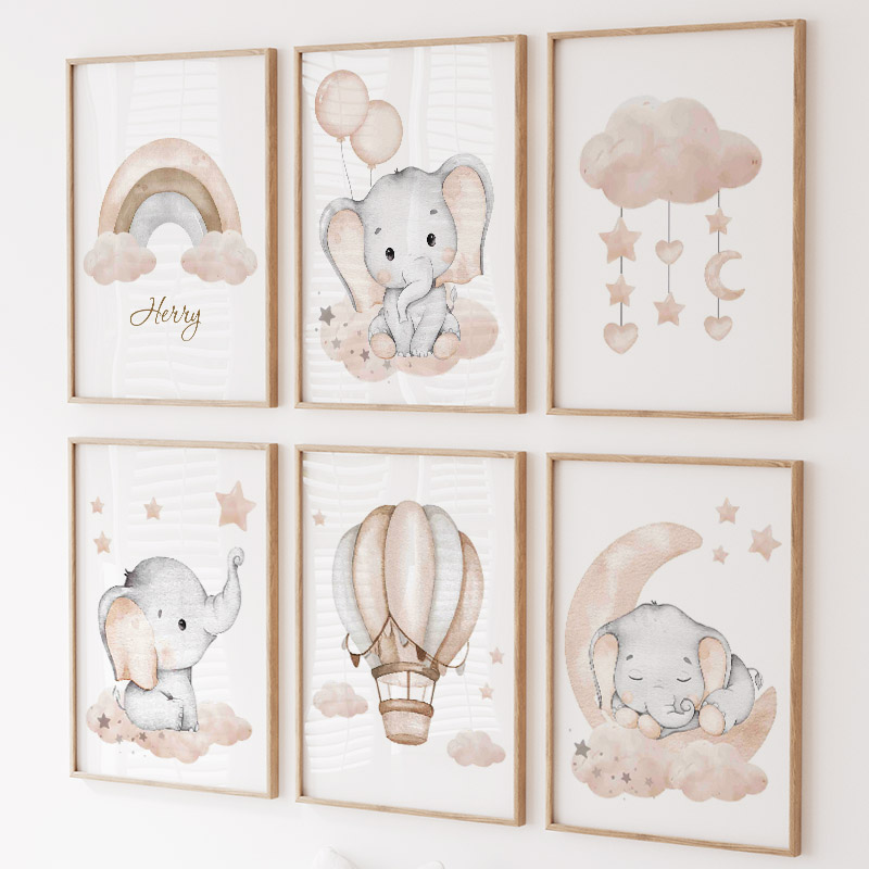 Baby Nursery Pictures - かわいい象熱気球ムーン虹雲保育園壁アートキャンバス絵画ポスターやプリント写真ベビーキッズルームの装飾