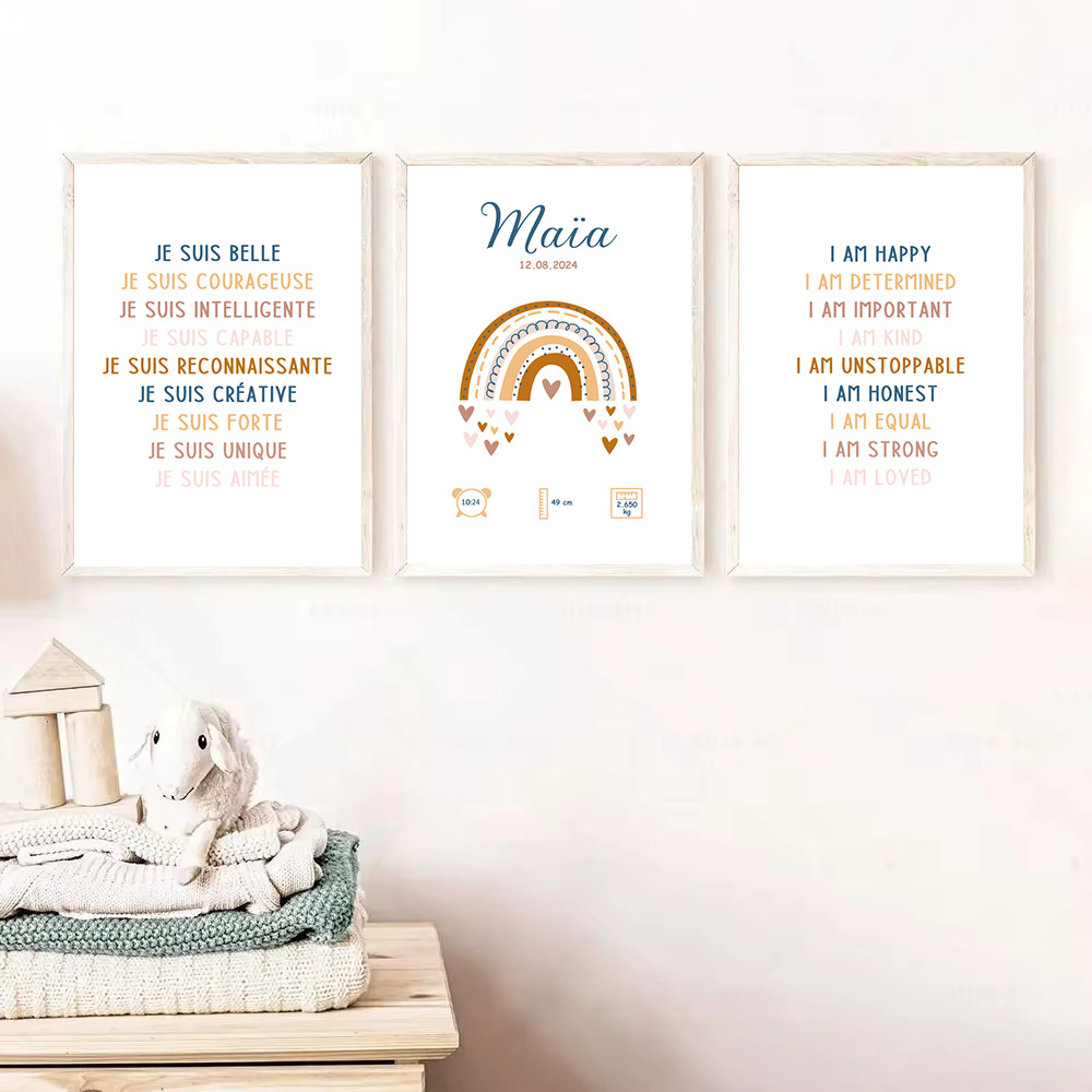 Baby Nursery Quotes Wall Art - 赤ちゃんの名前のパーソナライズされた誕生ポスター,芸術的なプリント,虹のキャンバスの絵画,保育園,北欧の壁の写真,子供部屋の装飾