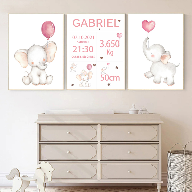 Baby Nursery Pink - 赤ちゃんの名前とキャンバスの絵,風船,象,花,アートポスター,子供部屋,保育園の装飾,写真,誕生日