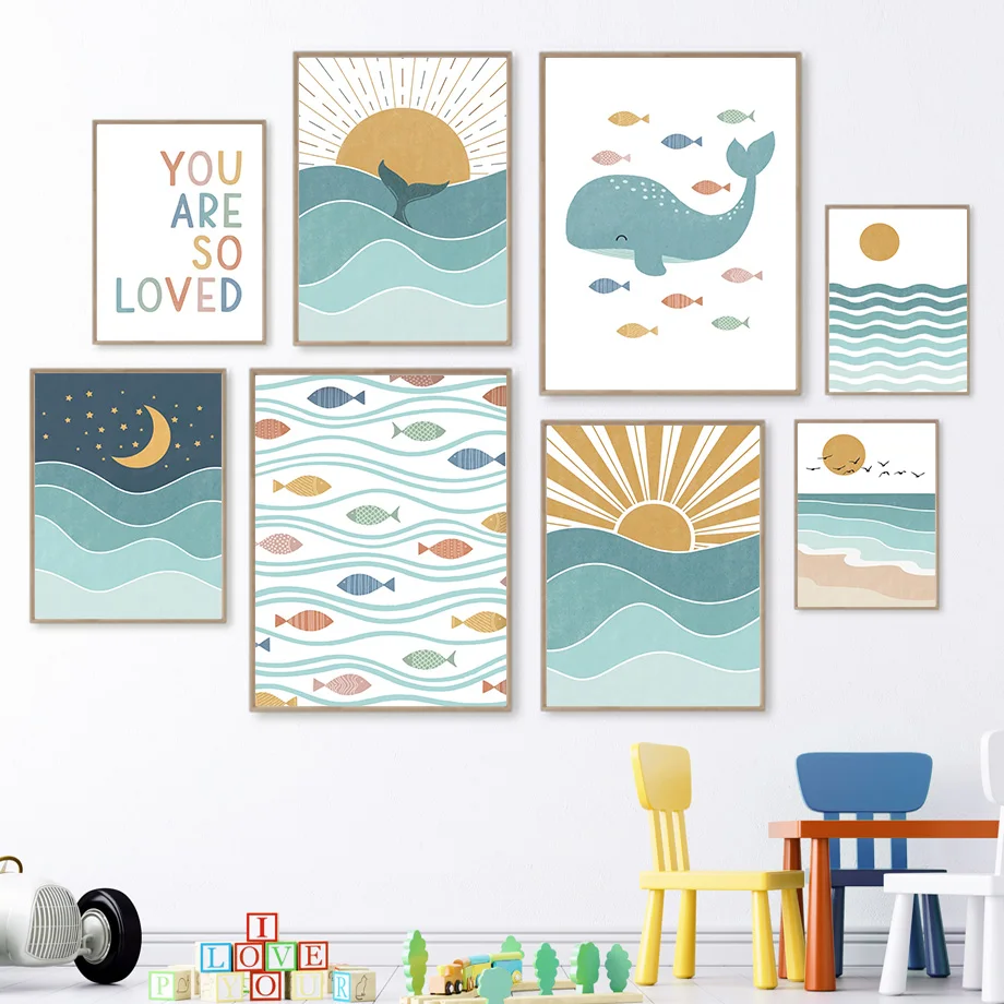 Baby Nursery Quotes Wall Art - 1pc フレームレス魚クジラカモメ日の出日没ビーチ海の引用句ウォールアートキャンバス絵画ポスターとプリント壁の写真子供