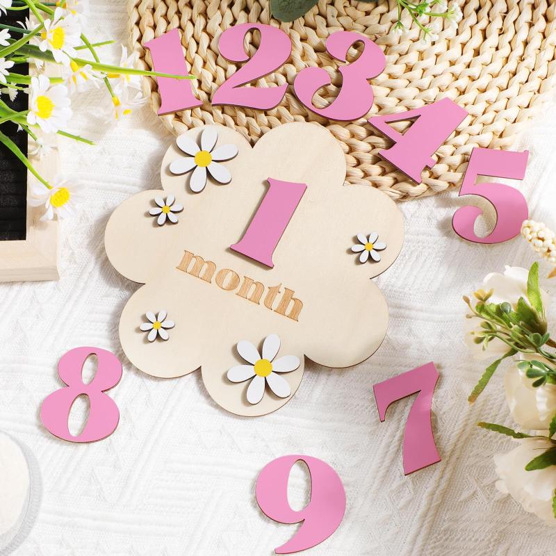 Milestone Card Set - 木製ベビーマンスリーマイルストーンカード 花柄 両面 数字 月齢 女の子