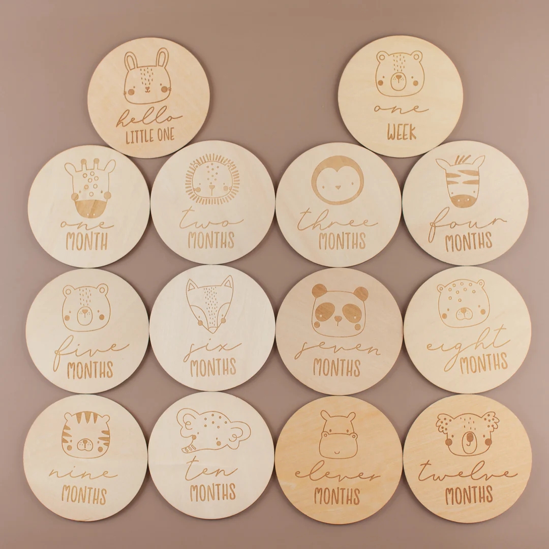 Milestone Card Set - 赤ちゃんの写真撮影用小道具 - ベビーギフトセット、12個入りベビー月齢マイルストーン木製カード、幼児の写真撮影用小道具、子供、新生児、ベビーシャワー用