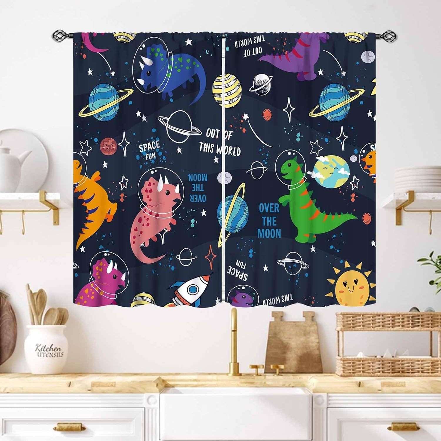 Baby Nursery Animal Theme - 恐竜カーテン 子供部屋用、漫画の動物恐竜宇宙惑星宇宙飛行士テーマ 男の子用ベビー保育園窓装飾