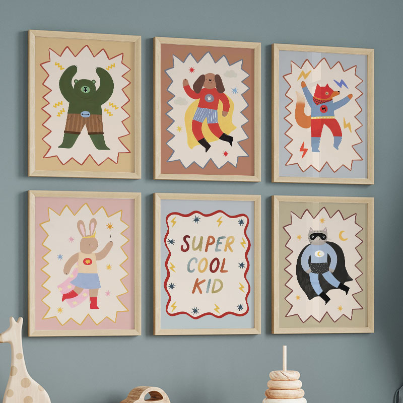 Baby Nursery Pictures - 面白い漫画の超クールな子供部屋の壁飾りキャンバス絵画、クマ、ウサギ、キツネのポスター＆プリント、赤ちゃん子供部屋の装飾用絵画