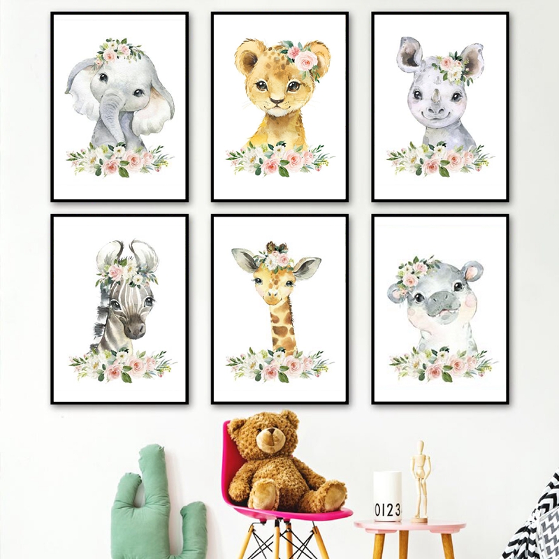 花柄ジャングル動物キャンバスプリント保育園装飾象キリン絵画壁 - Baby Nursery Pictures のレビューと価格
