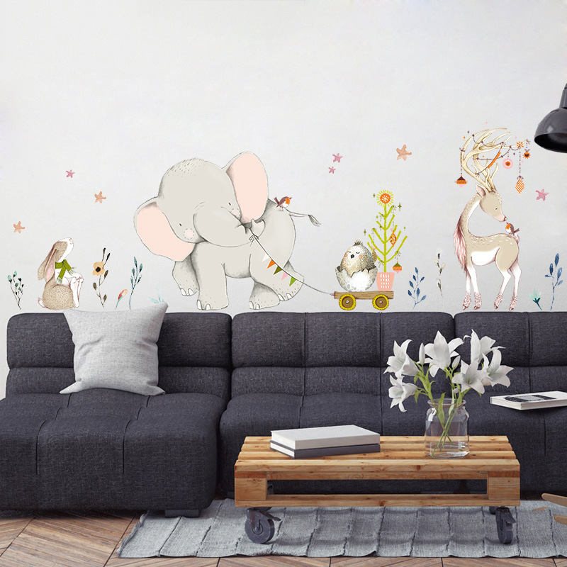 ハッピーベビーゾウバニーウォールステッカーキッズルーム家の装 - Baby Nursery Mural Wallpaper のレビューと価格
