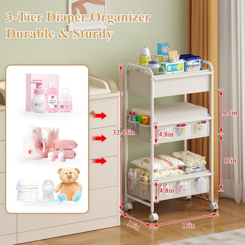 3段式ローリングおむつカート、おしりふき、クリーム、ボトル用 - Baby Nursery Cart のレビューと価格