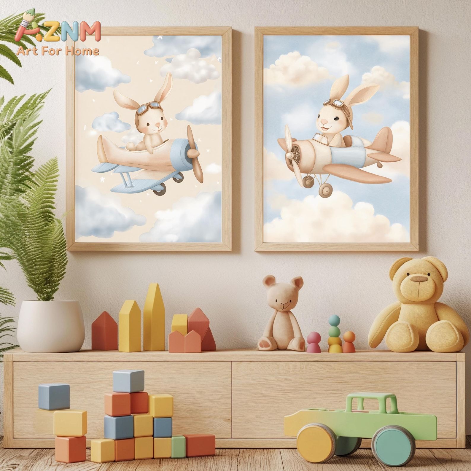 バニー飛行機ウォールアート 2 個セット、かわいい保育園用プ - Baby Nursery Animal Theme のレビューと価格