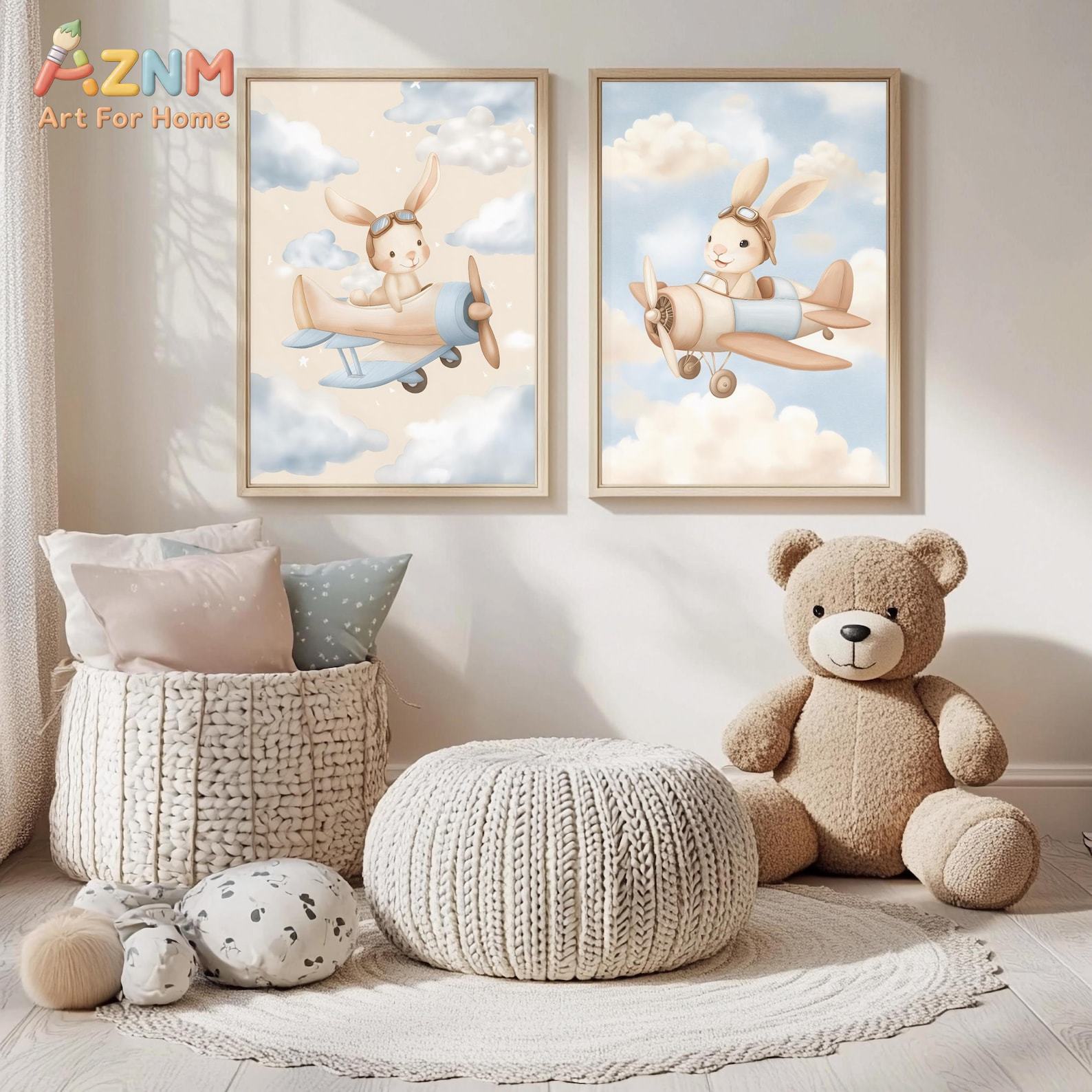 バニー飛行機ウォールアート 2 個セット、かわいい保育園用プ - Baby Nursery Animal Theme のレビューと価格