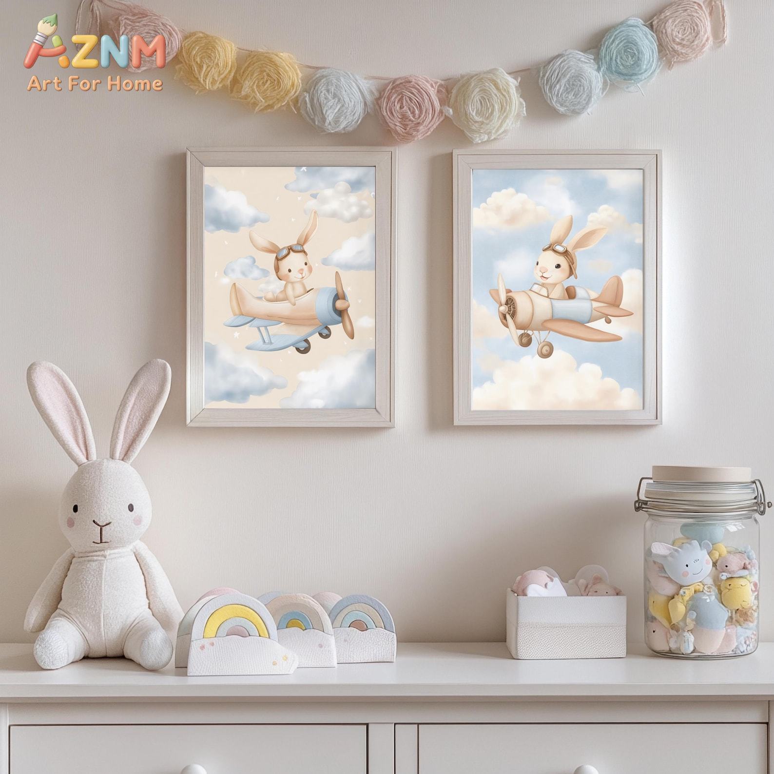 バニー飛行機ウォールアート 2 個セット、かわいい保育園用プ - Baby Nursery Animal Theme のレビューと価格