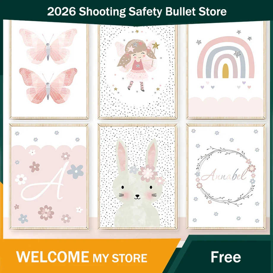 かわいい女の子ウサギ花蝶虹壁アートキャンバス絵画保育園ポスタ - Baby Nursery Pictures のレビューと価格