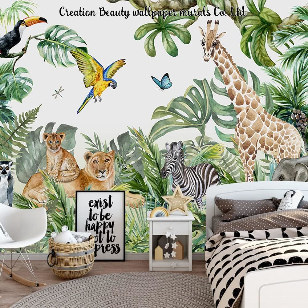 水彩動物ジャングル壁紙子供の寝室ベビールーム壁壁画保育園壁紙 - Baby Nursery Mural Wallpaper のレビューと価格
