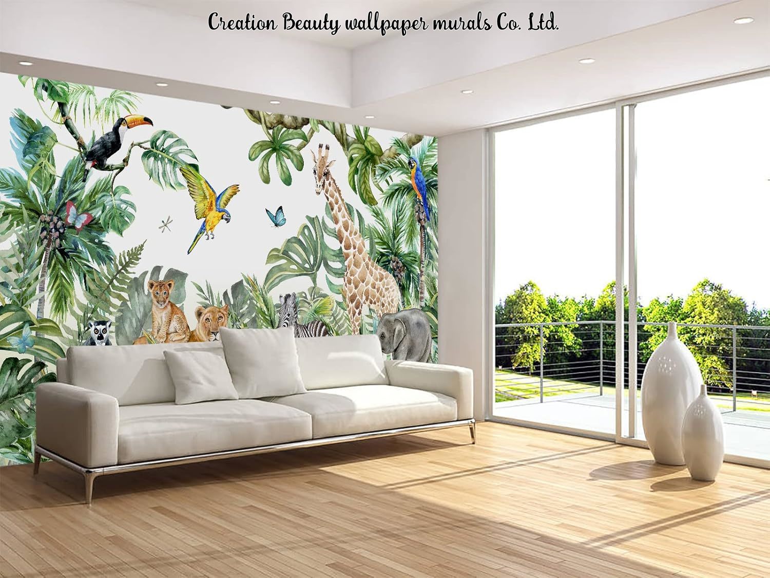 水彩動物ジャングル壁紙子供の寝室ベビールーム壁壁画保育園壁紙 - Baby Nursery Mural Wallpaper のレビューと価格