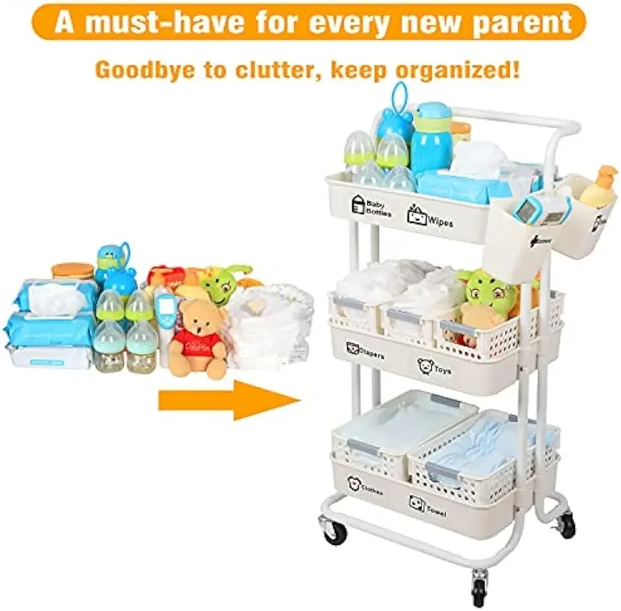 # ベビーおむつキャディオーガナイザーカート可動式、3段頑丈 - Baby Nursery Cart のレビューと価格