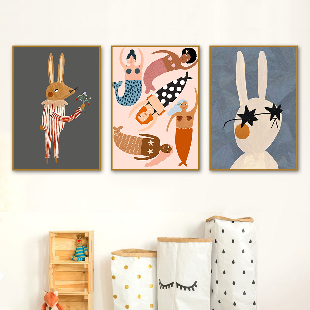 1PC フレームレス面白い漫画ウサギクマ動物壁アートキャンバ - Baby Nursery Quotes Wall Art のレビューと価格