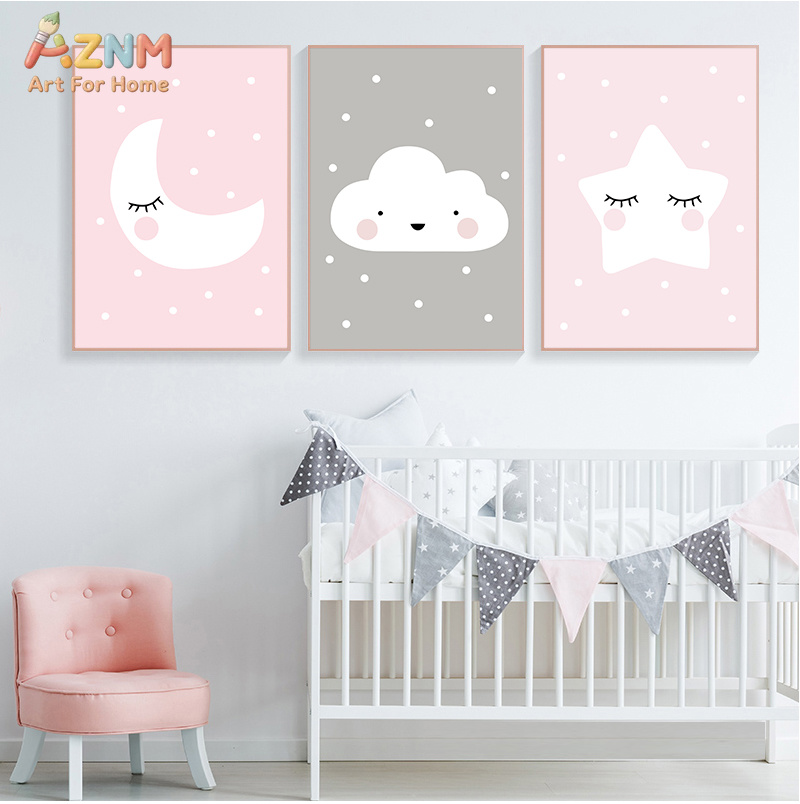 AZNM かわいい漫画ムーンクラウドスターキャンバスプリント - Baby Nursery Pink のレビューと価格