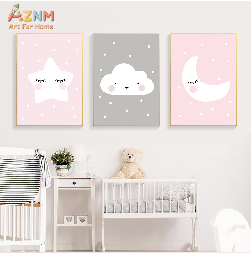 AZNM かわいい漫画ムーンクラウドスターキャンバスプリント - Baby Nursery Pink のレビューと価格