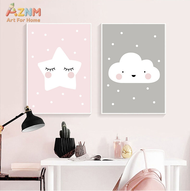 AZNM かわいい漫画ムーンクラウドスターキャンバスプリント - Baby Nursery Pink のレビューと価格
