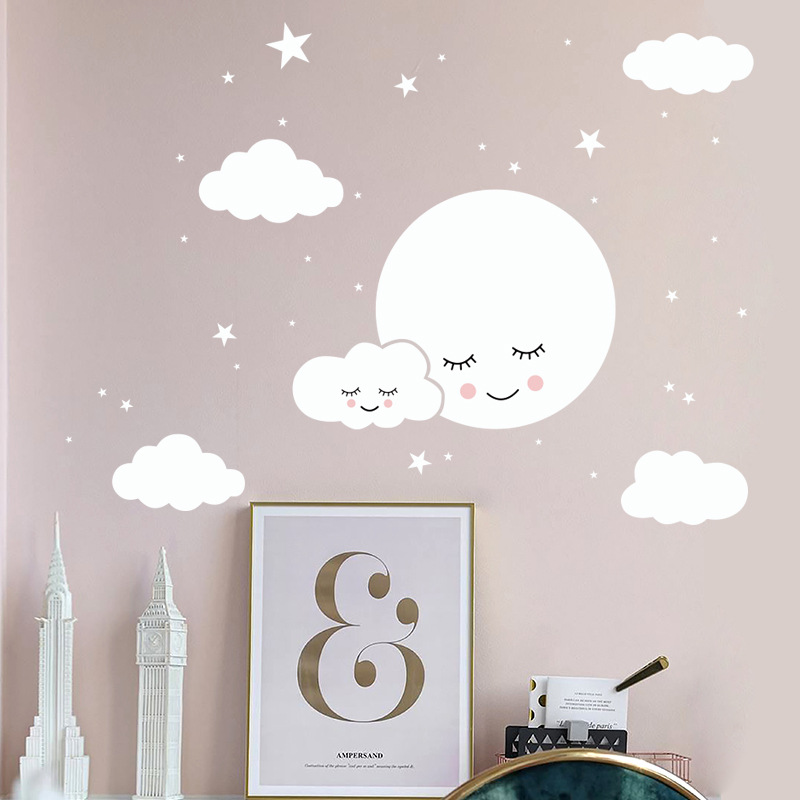 白漫画笑顔雲星ウォールステッカーキッズベビールーム装飾壁画寝 - Baby Nursery Mural Wallpaper のレビューと価格