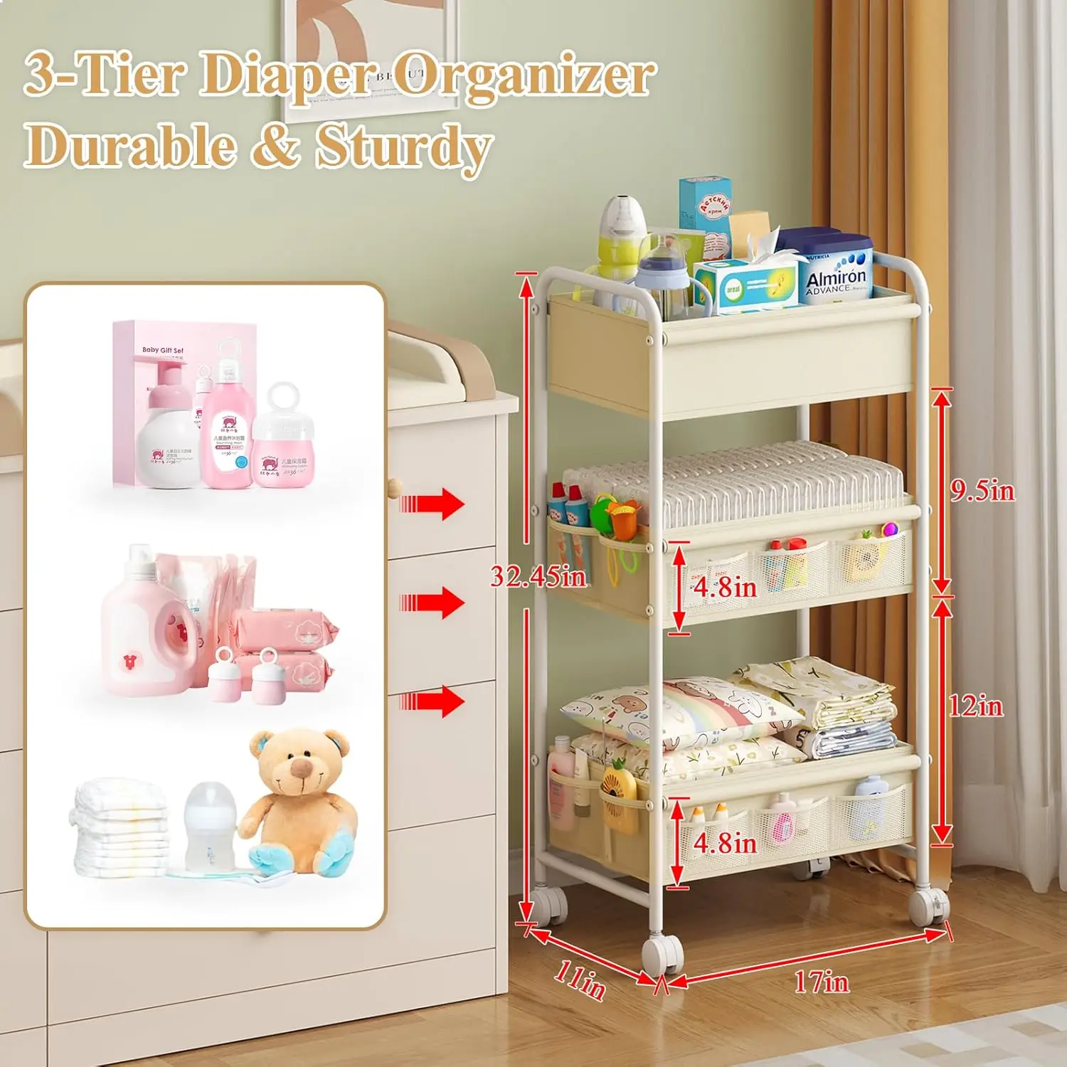 3段式ベビーおむつ収納カートオーガナイザー、ホイール付きモバ - Baby Nursery Cart のレビューと価格