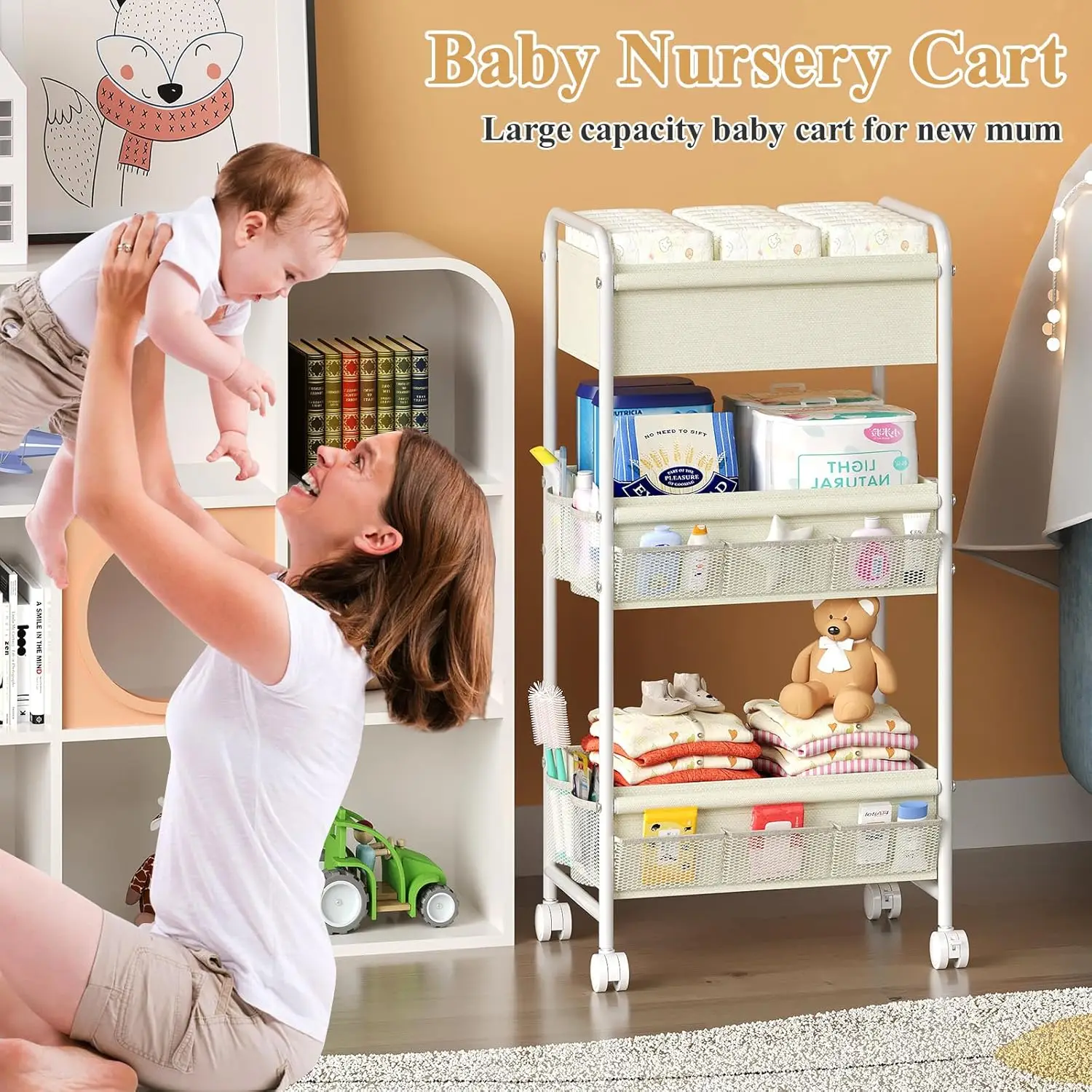 3段式ベビーおむつ収納カートオーガナイザー、ホイール付きモバ - Baby Nursery Cart のレビューと価格