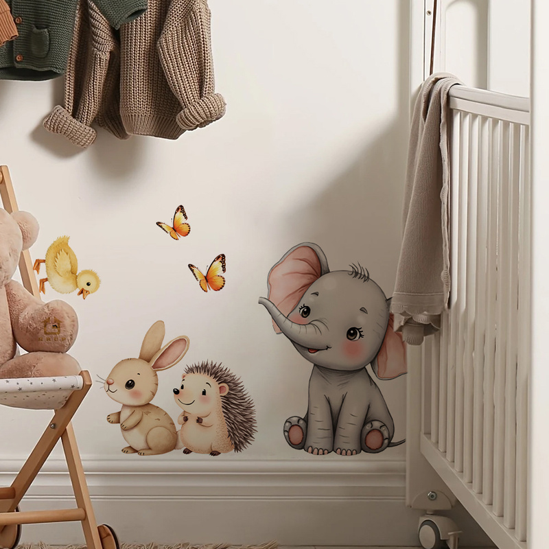 漫画の動物の壁ステッカー - 象バニーハリネズミ保育園デカー - Baby Nursery Pictures のレビューと価格