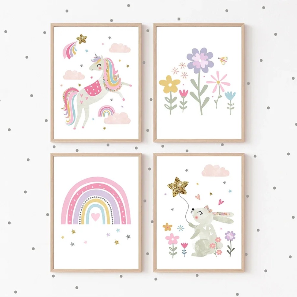 ピンクのユニコーンウサギ虹雲花保育園壁アートキャンバス絵画ポ - Baby Nursery Pink のレビューと価格