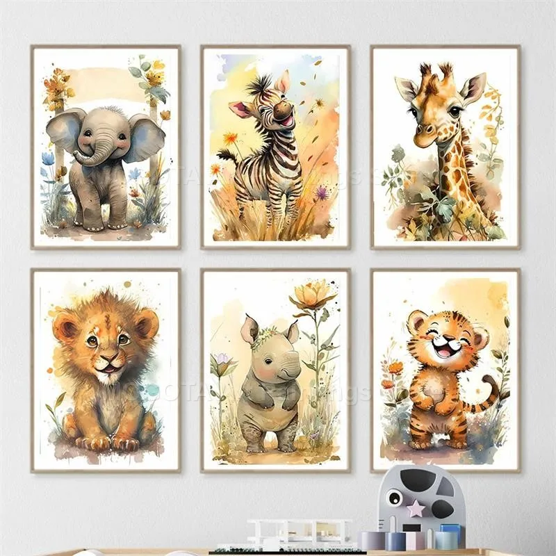 水彩ライオンキリン虎象シマウマ保育園壁アートキャンバス絵画動 - Baby Nursery Pictures のレビューと価格