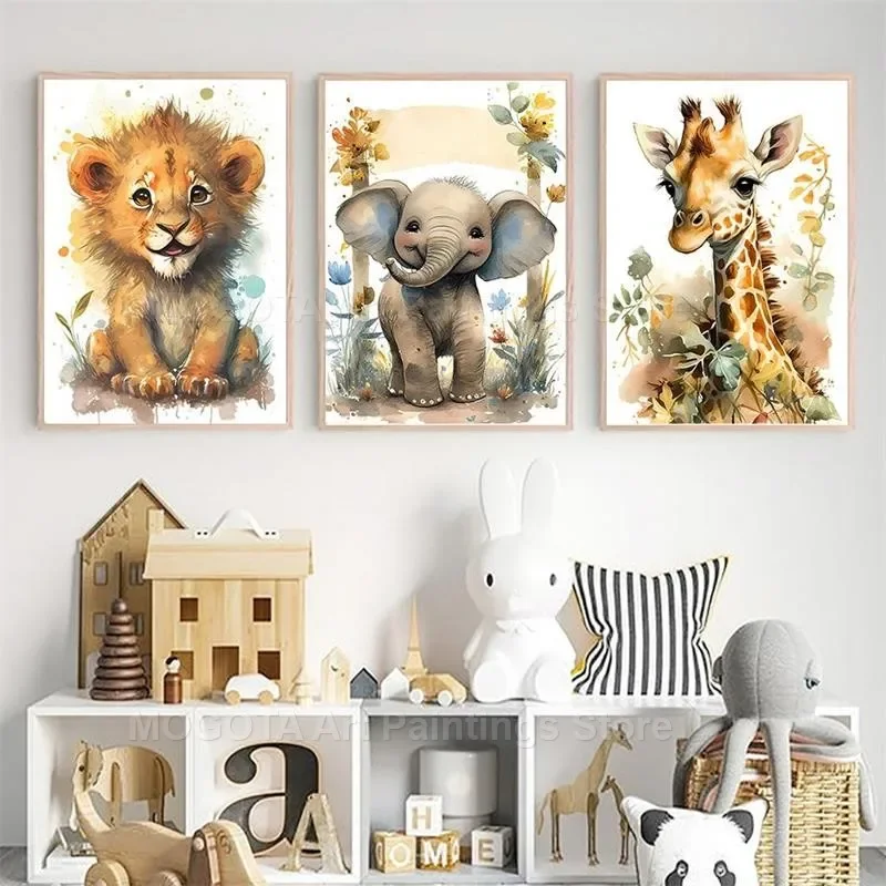 水彩ライオンキリン虎象シマウマ保育園壁アートキャンバス絵画動 - Baby Nursery Pictures のレビューと価格